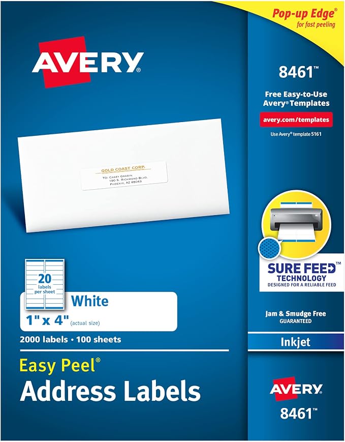 Avery Easy Peel Printable Address Labels, Sure Feed Technology, 1" x 4", White, 2,000 Blank Mailing Labels (08461)