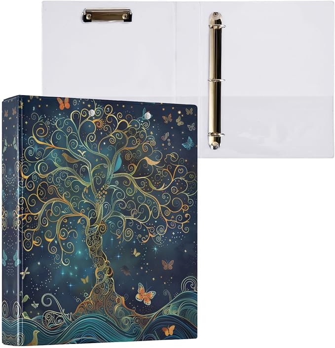 Tree of Life Hard Cover Ring Binder 1.5 Inch 3 Ring, Printed Ring Binder with Metal Non-Slip Clip Clear Pocket Water Resistant Round Ring Binders for Recipe Budget Office