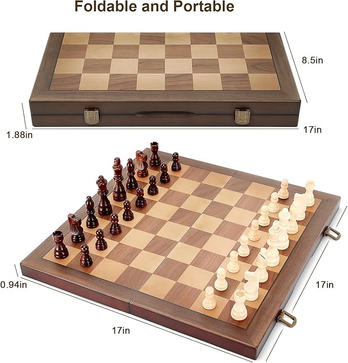 Magnetic Wooden Chess Set for Adults Kids 17'' Chess Board with Handmade Pieces, Folding Portable Travel Unique Chess Sets Game for Tournament Professional Beginner