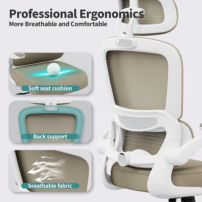 TRALT Office Chair Ergonomic Desk Chair - Gaming Chair with Lumbar Support | 330 LBS Home Office Desk Chairs with Headrest, Reading Chair with Flip-up Armrests, Comfortable Computer Chairs (1, Khaki)