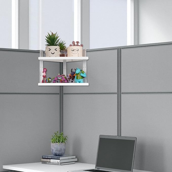 Office Cubicle Shelf, Double Layer Cubicle Storage with Adjustable Hooks | Shelf Organizer Accessories, Height Adjustable 11in Large Hanging Corner Shelf for Plant, Book, Photo Frames, Tissue, White
