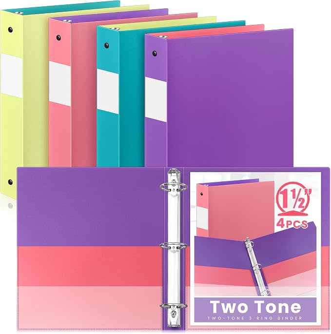 Henoyso 4 Pack Two-Tone Durable 3 Ring Binders 1.5 Inch, 4 Inner Pockets, Colored Plastic Flexible Binders with Large Capacity for School & Office