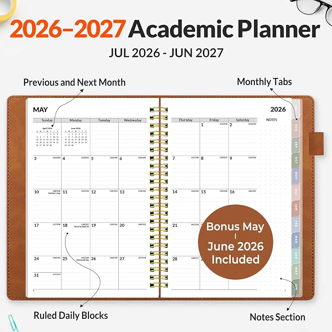 SUNEE 2026-2027 Weekly & Monthly Planner 6.4"x8.5" - 12 Month (July 2026 - June 2027), Vegan Leather Cover Planner Academic Year Calendar, Pocket, Notes, Monthly Tab, Brown