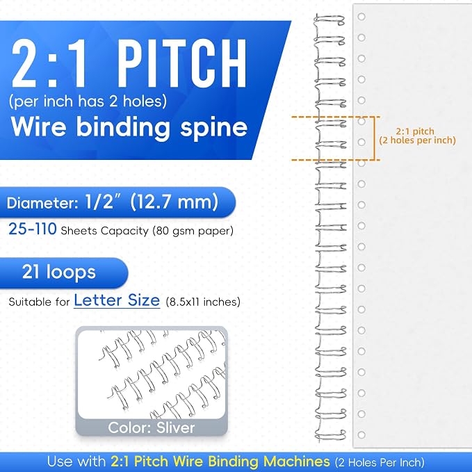 RAYSON Binding Wire Spines, 1/2 Inch, 21 Holes, 2:1 Pitch Double Loop Binding Wires Capacity 110 Sheets, Letter Size Silver Binding Spiral Pack of 100