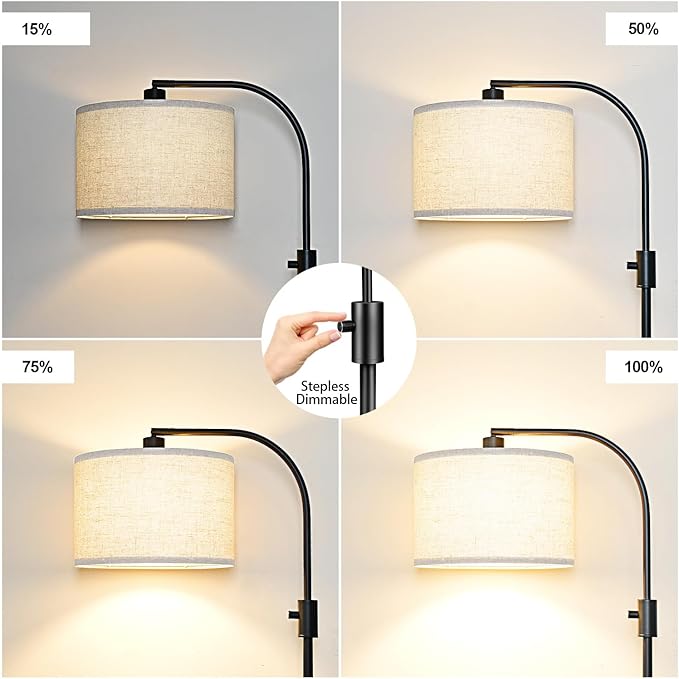 Nintiue Upgraded Modern Arc Dimmable Tall Standing Floor Lamp with Linen Shade, 1200 Lumens LED Bulb Included, for Living & Reading Room, Bedroom, Office & Nursery, Matte Black
