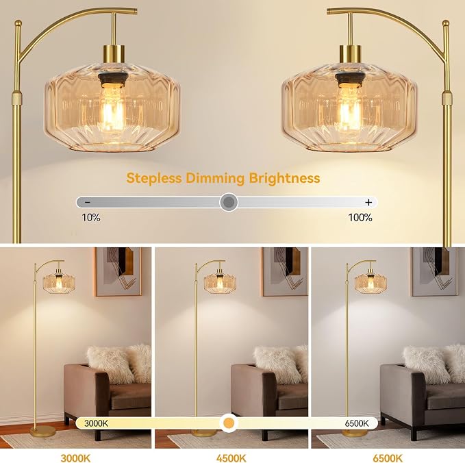 Vintage Floor Lamps for Living Room Glass Floor Lamp with Remote Control,Dimmable Floor Lamp Gold Mid Century Modern Standing Lamp 3 Color Temperature Brass Tall Floor Lamps for Bedroom Corner