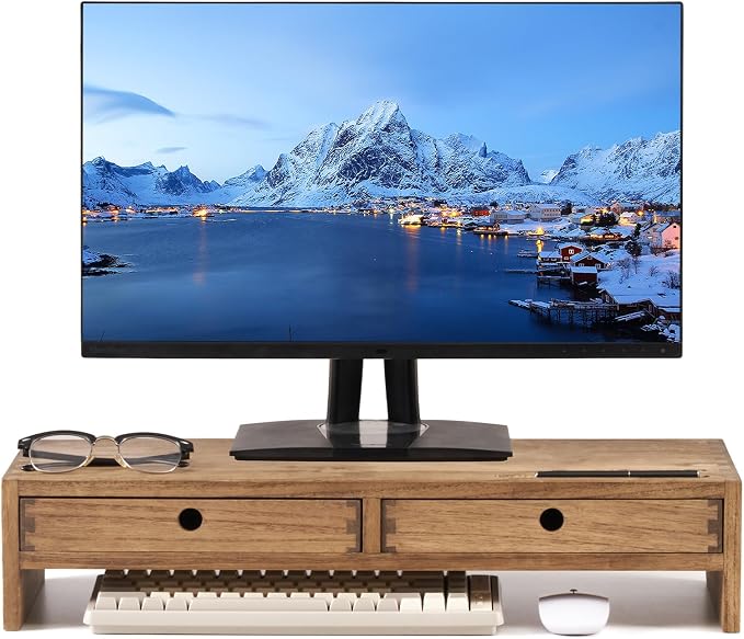 KIRIGEN Solid Wood Monitor Stand with 2 Drawers, Desk Riser, Brown PMJ-DBR | Desktop Organizer with Cable Opening and Pen Slots Stores Office Supplies, Supports Up To 50 Lb and Arrives Fully Assembled