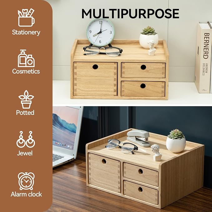 KIRIGEN Wooden Desk Organizer with 3 Drawers and Top Tray Natural DT1D3C-NA | 3-Drawer Cabinet with Top Tray Stores Office Supplies, Toiletries, Tools, Crafts, and Small Accessories on Desks or Counters