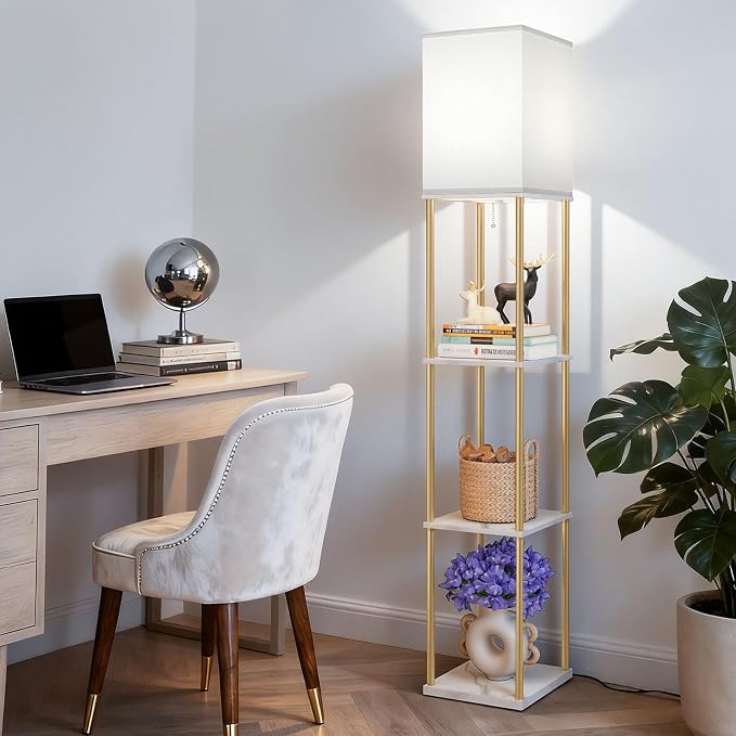 Floor Lamp with Shelves, 3-Tier Square Bookshelf Standing Lamp White & Gold | 3 Color Temperature Bulb Included, Pull Chain Mid Century Tall Lamp for Living Room Bedroom Corner Office Apartment Decor