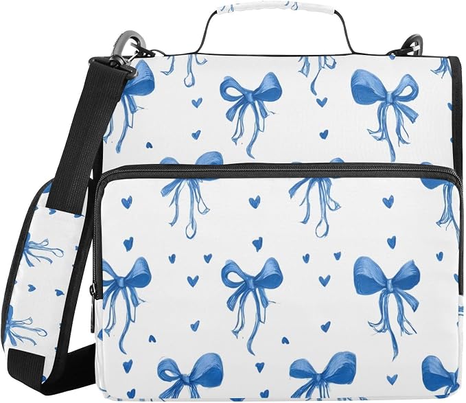 3 Ring Zipper Binder with Shoulder Strap Blue Bows Ribbons Polka Dots 1.5 inch Binders Keeper Large Capacity Multi Pockets for School Office Supplies
