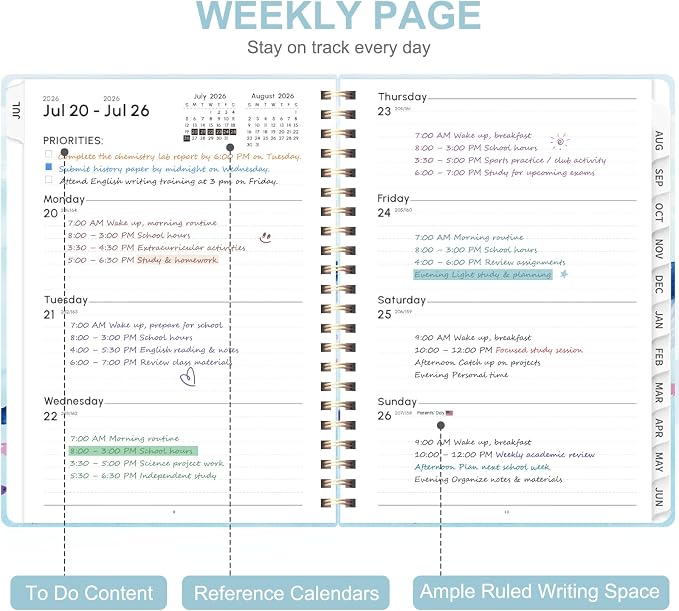 Planner 2026-2027, Weekly and Monthly Academic Year Calendar Planner, July 2026 - June 2027, Daily Agenda Book for Office School Supplies, A5(6.3'' x 8.5'')