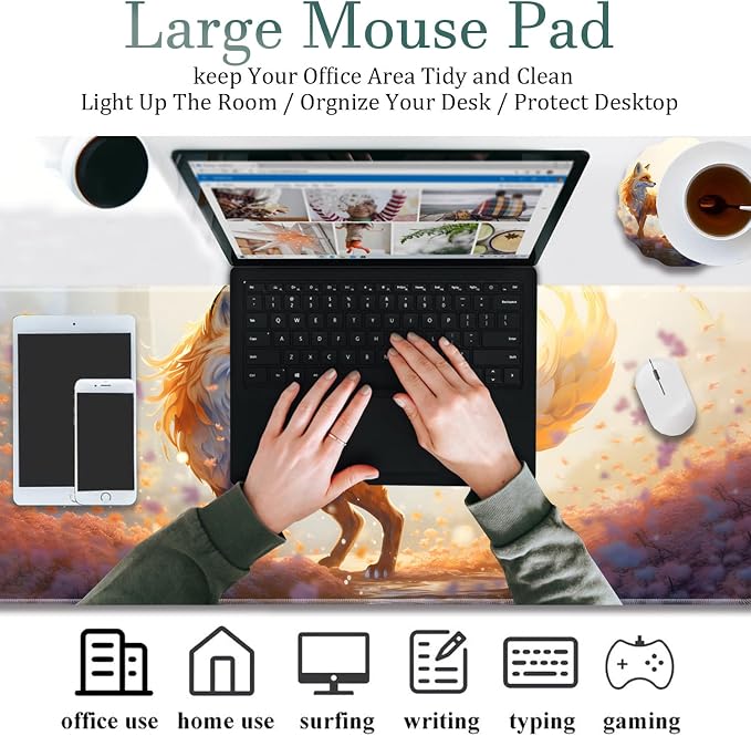 Extended Gaming Mouse Pad 31.5" x 11.8", with Edge Stitching, Non-Slip Rubber Base Keyboard Pad, Suitable for Work, Game, Office, Home and Coasters, Fox