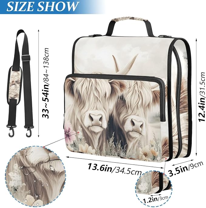 3 Ring Zipper Binder with Shoulder Strap Highland Cow Cattle Flower 2 Inch Zippered Binder Bag 500 Sheet Capacity Multi Pockets for School Supplies