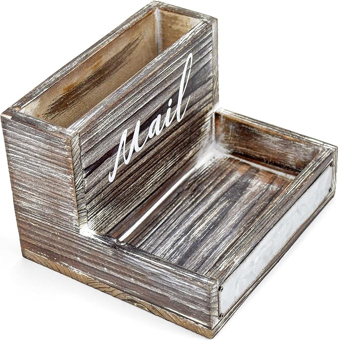 Farmhouse Mail Organizer Countertop Letter Sorter Caddy 2 Tier Rustic Mail Tray Wooden Mail Holder File Organizer Bill Paper Folder Office Desk Accessories Rustic Office Supplies Home Decor