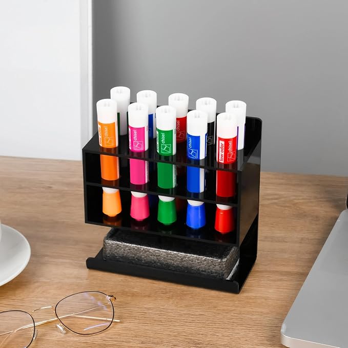 Dry Erase Marker Holder, Wall Mounted Acrylic Marker Holder with 10 Slots, Sticky Pen Storage for Classroom Organization, Office, Whiteboard, Desk Locker Organizer Accessories, Black
