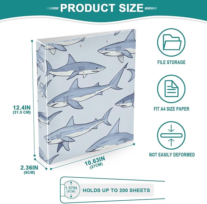 Realistic Blue Sharks Decorative 3 Ring Binder 1.5 Inch Large View Binders with Pockets Holds 200 Sheets File Organizer for Office College School, 1 Pack