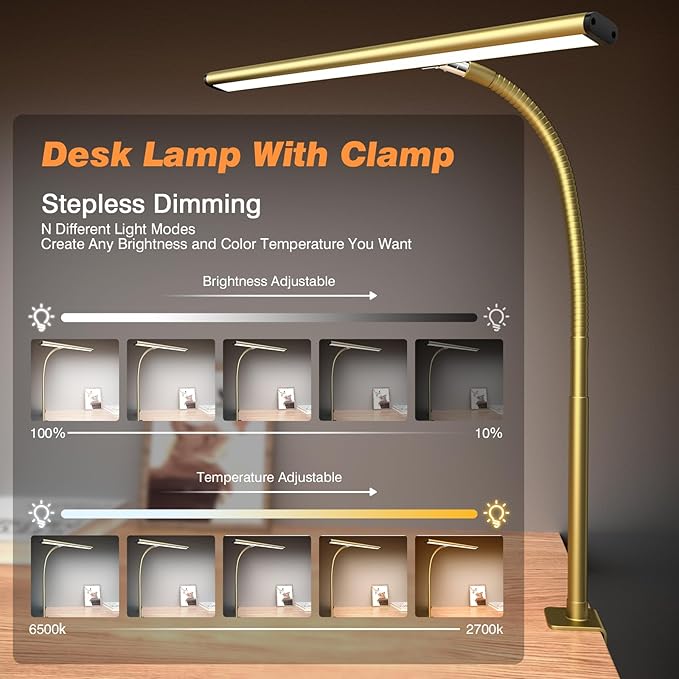 Airlonv LED Desk Lamp with Clamp, 17" Stepless Dimming Light, Gold | 2700K-6500K, 100 LEDs, 360° Gooseneck, Fits Up to 30" Monitors, Flicker-Free Lighting for Home Office, Study& Workbench