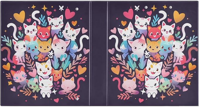 3 Ring Binder 1.5 in Recipe Binders Cute Cat Colorful | Decorative Client Records with Clip 3 Clear Interior Pockets for 200 Sheets Letter-Size(11" x 8.5") Paper PVC Cover Folder