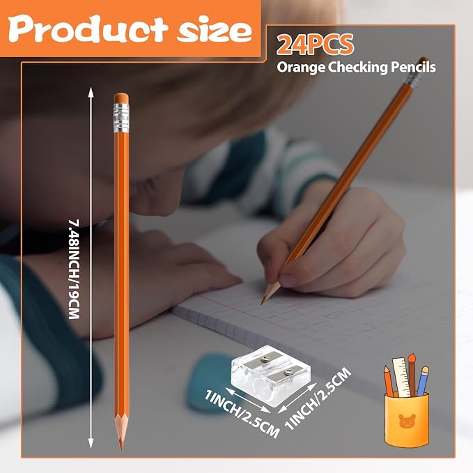 24PCS Erasable Colored Pencils with Eraser Pre Sharpened Pencil 2 HB - Ideal for Checking, Grading, Tests & Office/School Supplies (Orange)