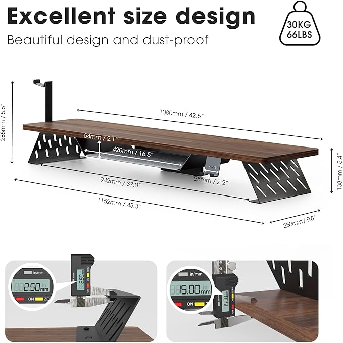 Fenge Dual Monitor Stand, Wooden Desk Shelf with Headphone & Phone Holder | 42.5" Monitor Riser with Storage Shelf, 2-Tier Monitor Shelf with Metal Leg for Home Office Organizer, Brown