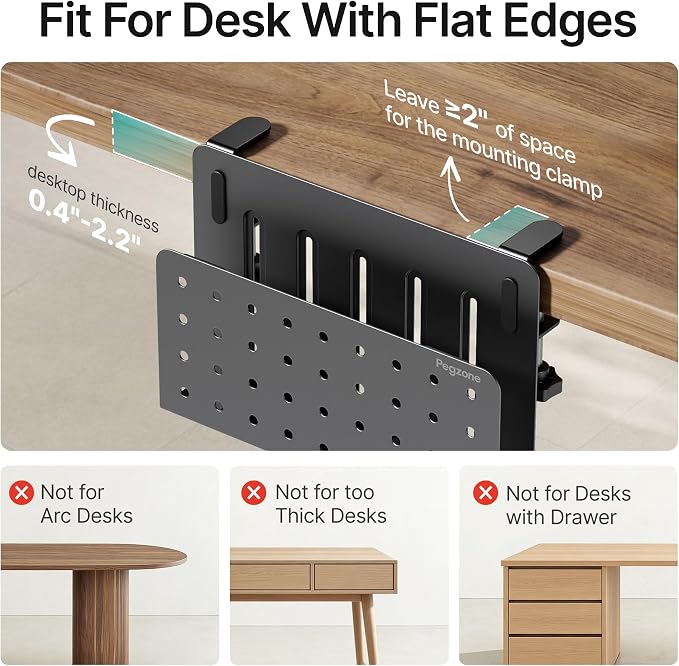 Under Desk Storage Organizer, Laptop Holder for 0.4"-2.2" Desk Edge, Black | Holds 22lbs, Clamp on Desk Organizer with Pegboard Design, Fits 0.4"-2.2" Desktop Edge