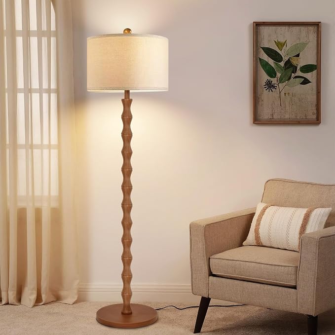 ZECOXOL Wood Floor Lamp with 3 Color Temperatures,Boho Floor Lamp with Remote Control,Dimmable Vintage Floor Lamp Mid Century Modern Standing Lamp Farmhouse Tall Pole Lamp for Living Room Bedroom
