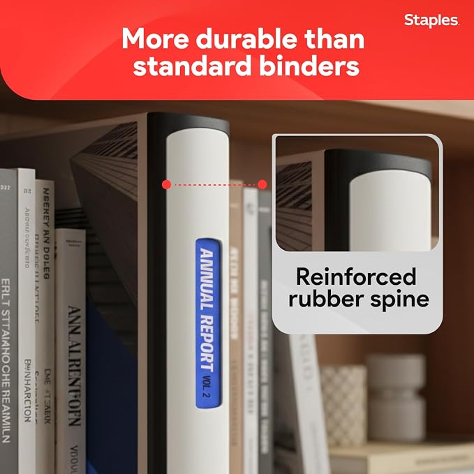 Staples Heavy-Duty 3-Inch D-Ring Binder, White, Holds 600 Sheets | Large-capacity 3-ring binder with pockets for document storage.