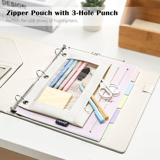 Ospelelf Vintage Leather 3 Ring Binder 1 Inch, Beige Magnetic Clipboard Portfolio Binder with Zipper Pouch, 5 Dividers with 10 Pockets, Interview Padfolio Organizer for Teachers