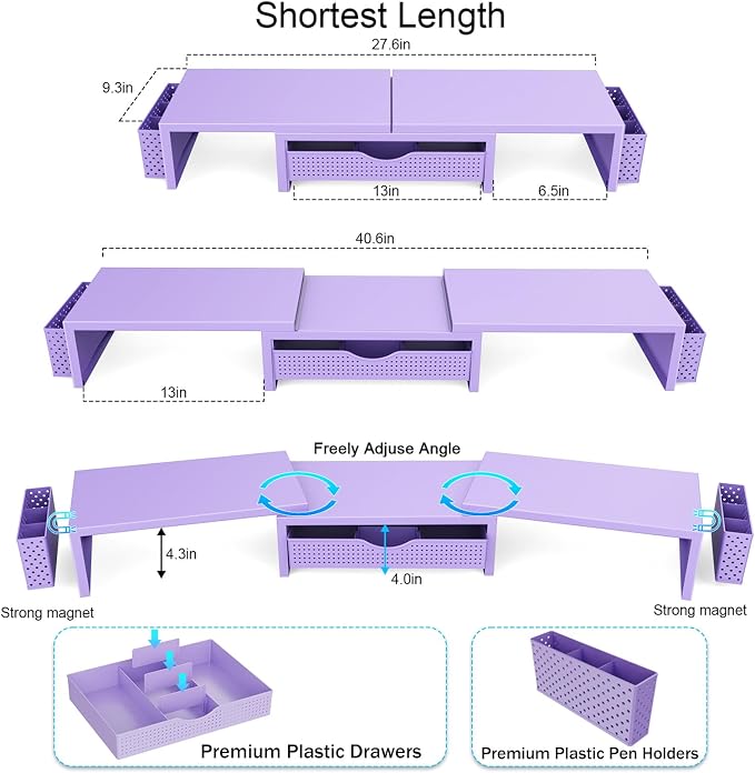 gianotter Dual Monitor Stand Riser With Drawer and 2 Pen Holders | Computer Monitor Stand Desk Organizer and Accessories Desk Shelf for Top of Desk (Purple)
