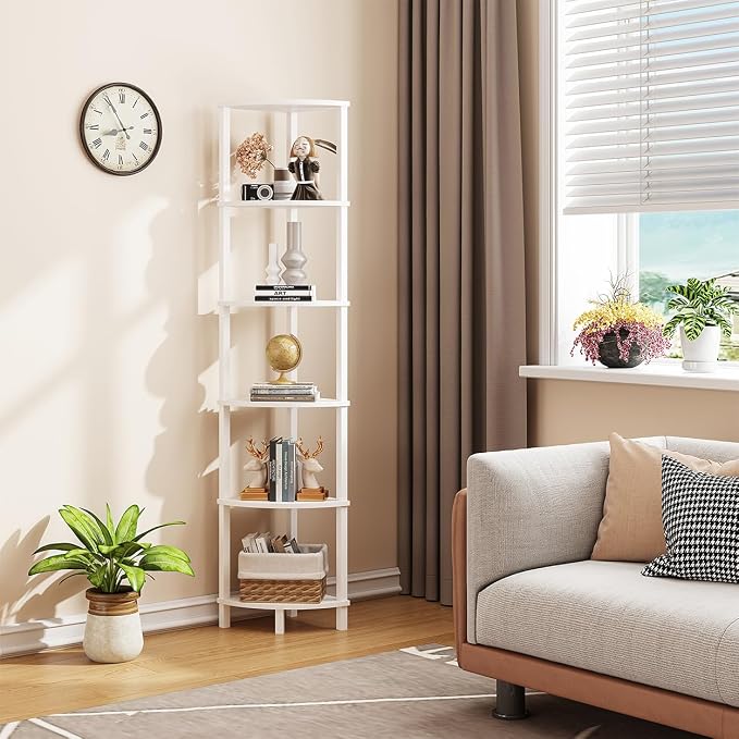 VIMBER Corner Shelf, 6-Tier Corner Bookshelf, Industrial Corner Ladder Shelf, DIY Storage Shelves, Modern Display Shelf for Living Room, Bedroom, Kitchen, Home Office, White UJSJ004W