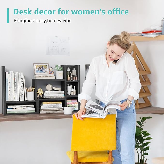 NUTIKAS Desk Shelves Desktop Organizer Shlef - Black Office Organization for Top of Desk Organizers and Accessories Corner Bookshelf Table Top Shelving Small Hutch Decorations for Office