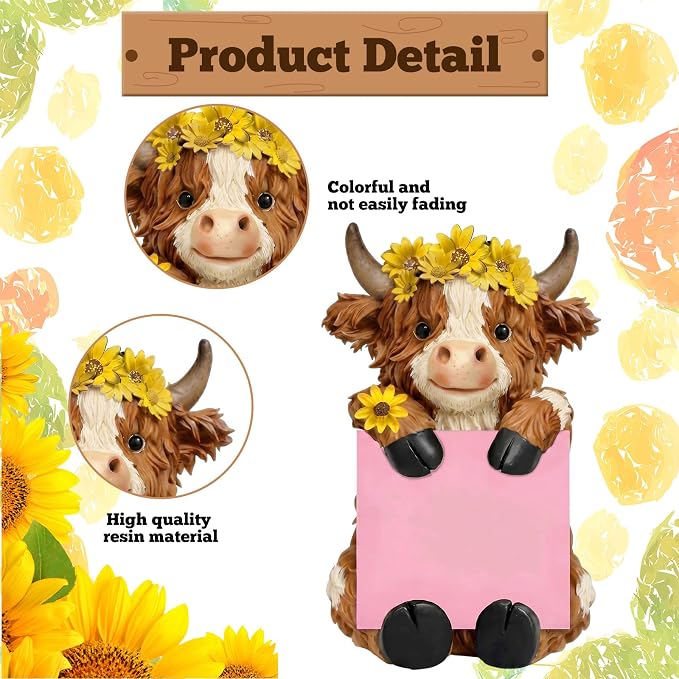 Thenshop Fall Sunflower Highland Cow Pop up Sticky Note Dispenser | Fall Resin Highland Cow with 100 Sheets, Sticky Note Holder, Highland Cow Desk Accessories, Classroom School Gift, 3 x 3 Inch