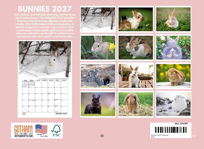 Bunny Calendar 2027 Bunnies Rabbit Gifts Monthly Wall Calender 12 Month