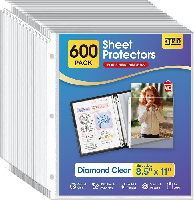 KTRIO Sheet Protectors for 3 Ring Binder 600 Pack, Plastic Sleeves 8.5 x 11 | Clear Page Protectors, Acid-Free Plastic, Fits Letter Size Paper Documents, Top Loading, Business Office School Supplies