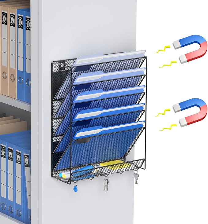 OUTWOLF Magnetic File Holder, 6-Tier Magnetic Wall Hanging File Organizer, Paper Folder Mail Organizer for Office, File Cabinets, Whiteboard, Fridge