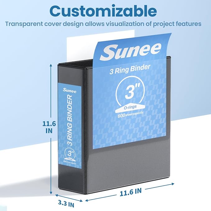 SUNEE 3 Inch Binders Black 4-Pack, 3 Ring PVC-Free Clear View Large Binders 3" (Fits 8.5x11 Inches) for School, Office & Home Use