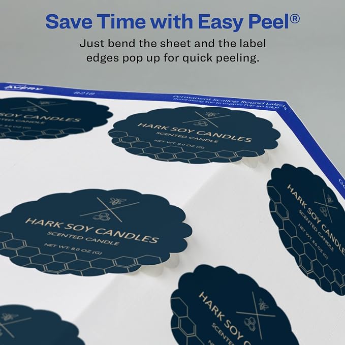 Avery Scallop 2.5 Inch Round Labels with Sure Feed for Laser & Inkjet Printers, 90 White Labels (8218)