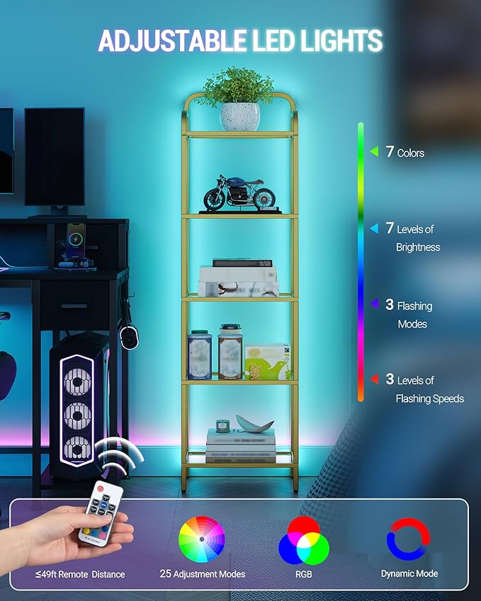 Hzuaneri Bookshelf, Tempered Glass Bookshelves with Lights and Steel Frame | Tall Narrow Bookcase , Display Shelf, Slim Shelving Unit for Living Room, Bedroom, 9.6"D x 15.4"W x 55.9"H Gold BC34599G