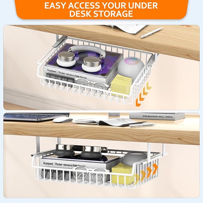 ENONCI Under Desk Storage Drawer Slide Out No Drill Metal Cabinet | Shelf Storage Basket Cabinet, Under Table Drawer Organizer for Office, Home, Workspace, Cabinet