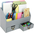Wood Desk Organizer, 6 Compartments 2 Drawer Supplies Rack - Solid Gray