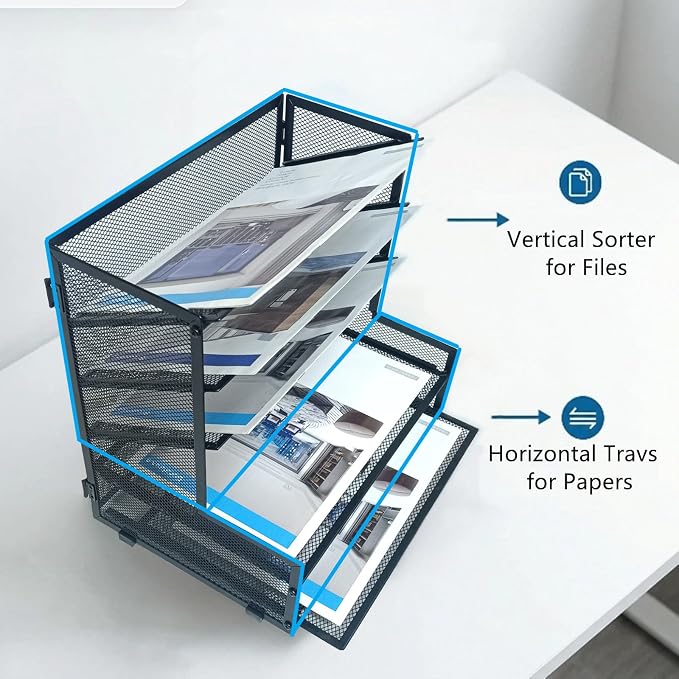 SETTFRFE 5-Tier Metal Desk File Organizer, File Tray Rack | 3 Slanted+2 Horizontal Paper File Holder for Office Supplies,Multi Layer Letter Tray,Home Office Desktop Storage Rack,Black