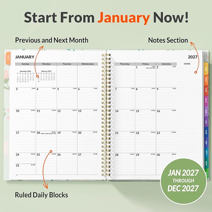 SUNEE 2027 Appointment Book, Quarter-Hourly, Weekly Monthly Planner, 8.5"x11",Green Wildflower