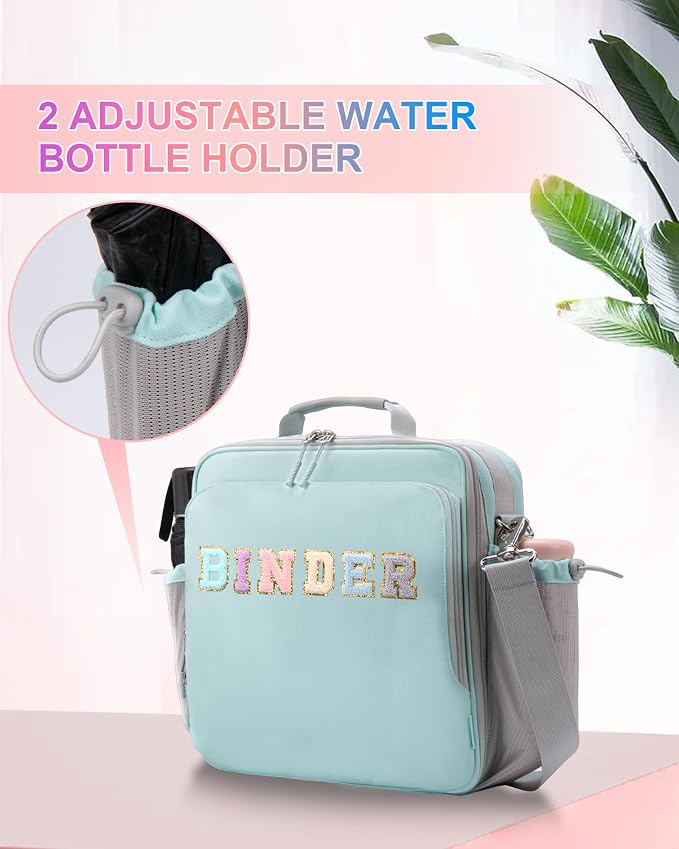 3 Ring Zipper Binder 3 Inch D Rings with Double Water Bottle Holder | Cute Initial Water-Resistant Zip Up Binder for School Office, 700-Sheet Capacity & Shoulder Strap & Laptop Pocket,Light Blue
