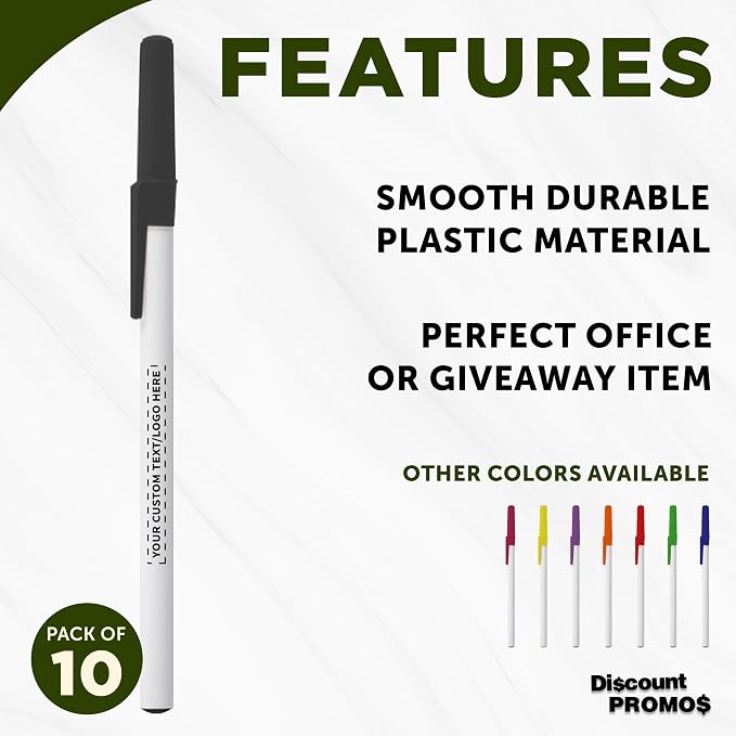 DISCOUNT PROMOS Custom Value Stick Pens Set of 10, Personalized Bulk Pack - Blue Ink, Great for Office, School, Business, Tradeshows, Events - Black Cap
