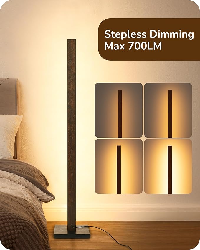EDISHINE Wooden LED Corner Floor Lamp, Modern Standing Light with Remote, Minimalist Dimmable Floor Lamps for Living Room, Bedroom, Office, 7 Color Temperature 2700~6000K, 48.43"