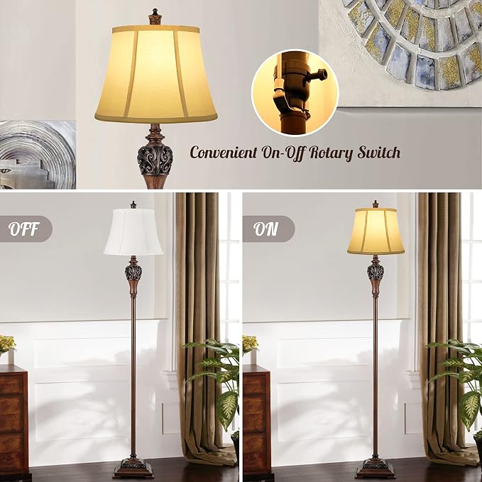 Vintage Floor Lamp for Living Room, Traditional Tall Standing Lamp | Eye-caring White Fabric Shade, Stable Antique Base, Farmhouse Rustic Design, Bright Floor Lighting