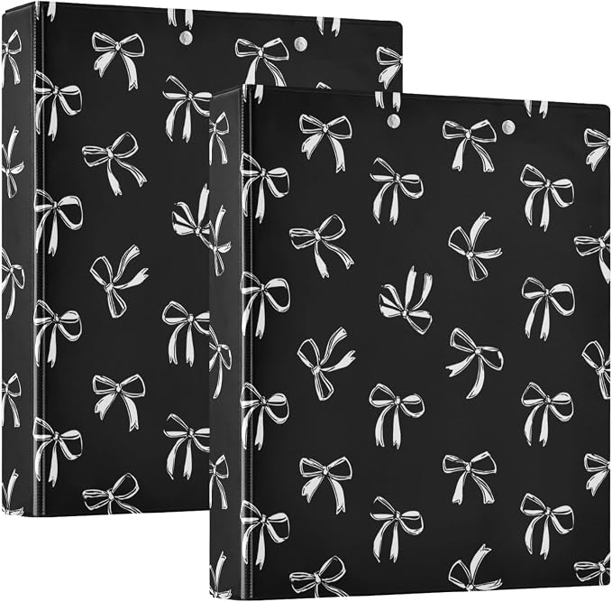 Aslsiy White Bow Ribbon 3 Ring Binder 1.5 Inch Black Round Clipboard Binder Decorative Harcover Binders Organizer for Office Supplies