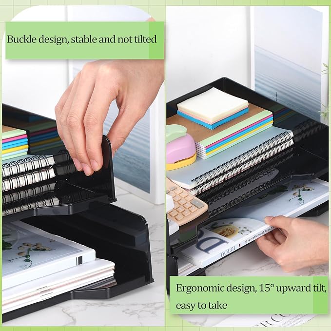 DoubleFill 2 Pcs Stackable Letter Tray Rectangular Plastic Desk Organizer 13 x 9.5 x 2.6 in Paper Holder File Tray Accessories Rack for Desktop Office Desk Drawers (Black)