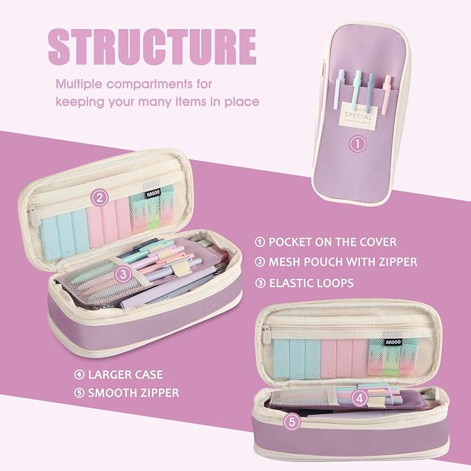 39PCS Aesthetic School Supplies with Cute Pencil Case, 5X Ballpoint Pens with Stylus Tip, 12X Pastel Highlighters, 6X Mechanical Pencil Set 0.5&0.7mm, Suit for Preppy School College Essentials(purple)