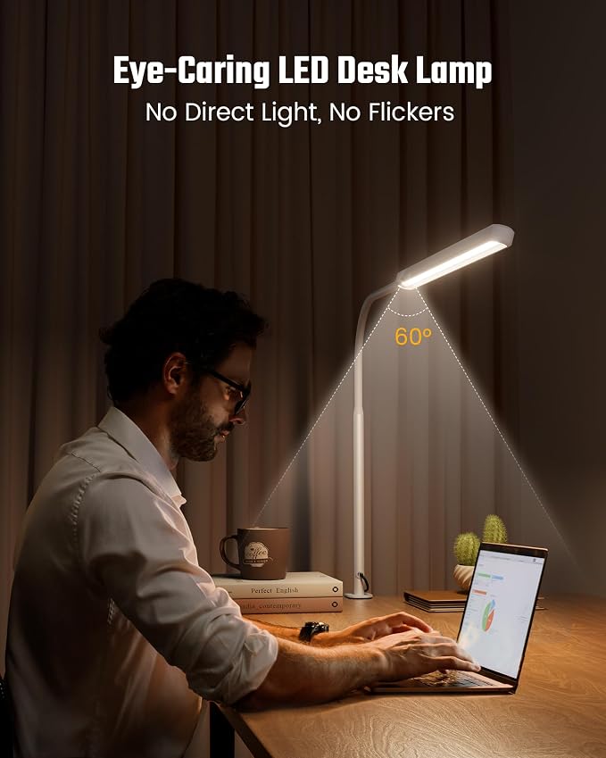 SUPERDANNY Eye-Caring LED Desk Lamp Work Lamp Office Lamp with Side Clamp | White, Touch Control, 360° Flexible Gooseneck, 3 Modes Smooth Dimming, Memory Function, Adapter, Metal, for Home Office Dorm